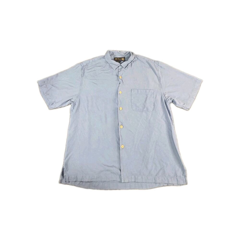 Nat Nast Luxury Mens Silk Size L Blue Solid Pattern Button Up Golf Shirt Beach